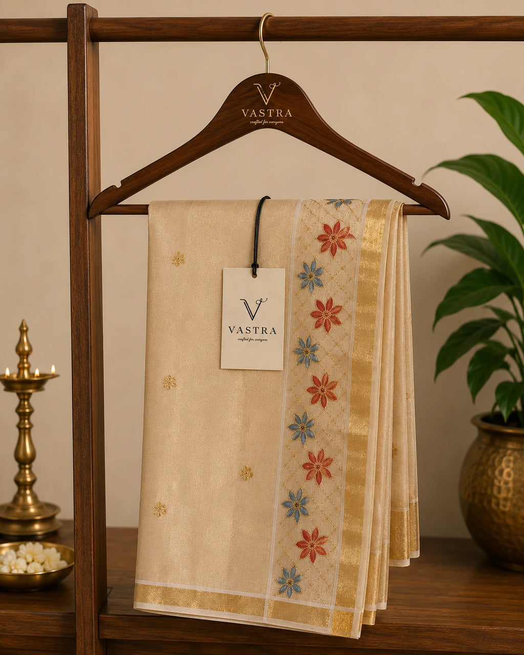Kerala Tissue Saree with Hand-Painted Floral Design