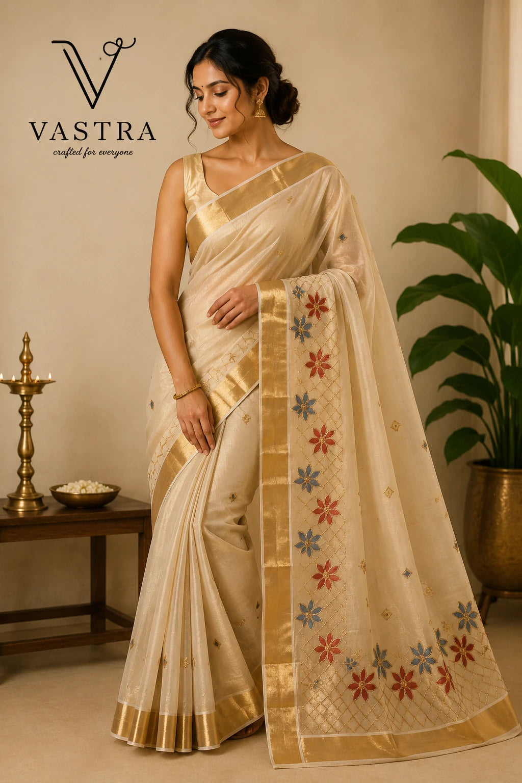 Kerala Tissue Saree with Hand-Painted Floral Design