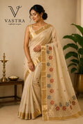 Kerala Tissue Saree with Hand-Painted Floral Design