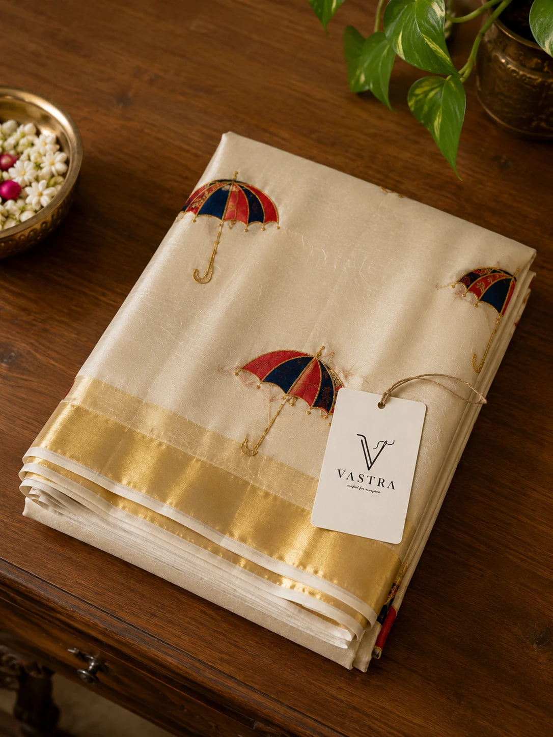 Kerala Tissue Saree with Hand-Painted Umbrella Motifs