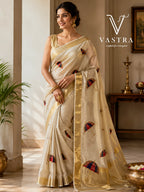 Kerala Tissue Saree with Hand-Painted Umbrella Motifs