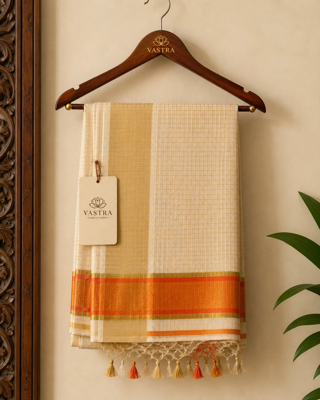 Kerala Soft Cotton Saree with Micro Checks & Orange Border
