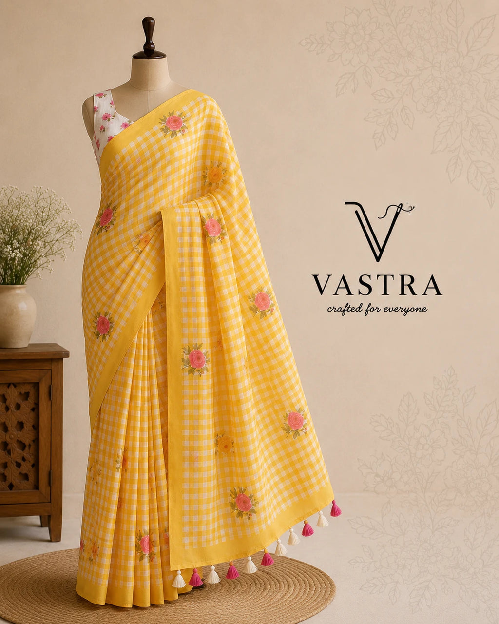 Linen Cotton Blue Floral Checks Saree