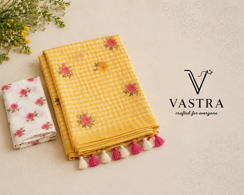 Linen Cotton Blue Floral Checks Saree