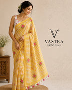 Linen Cotton Blue Floral Checks Saree