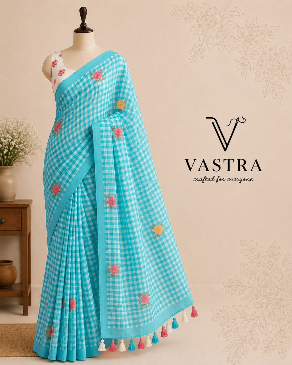 Linen Cotton Blue Floral Checks Saree