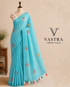 Linen Cotton Blue Floral Checks Saree