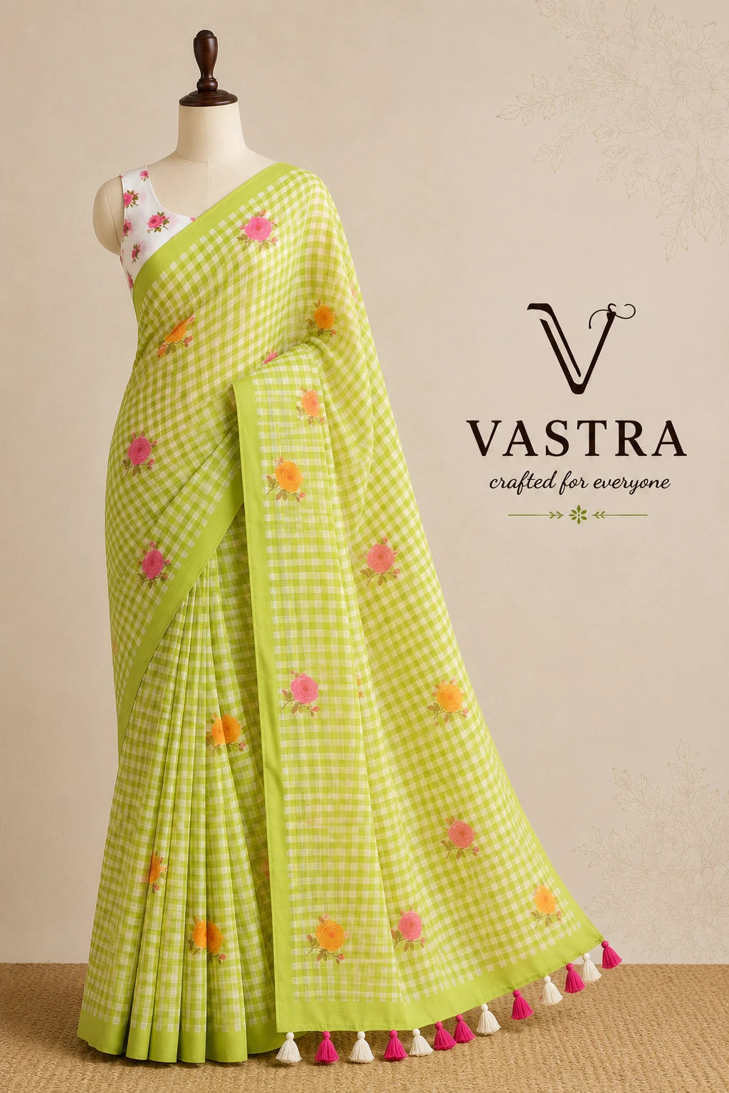 Linen Cotton Blue Floral Checks Saree