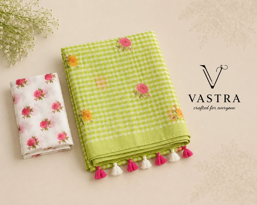 Linen Cotton Blue Floral Checks Saree