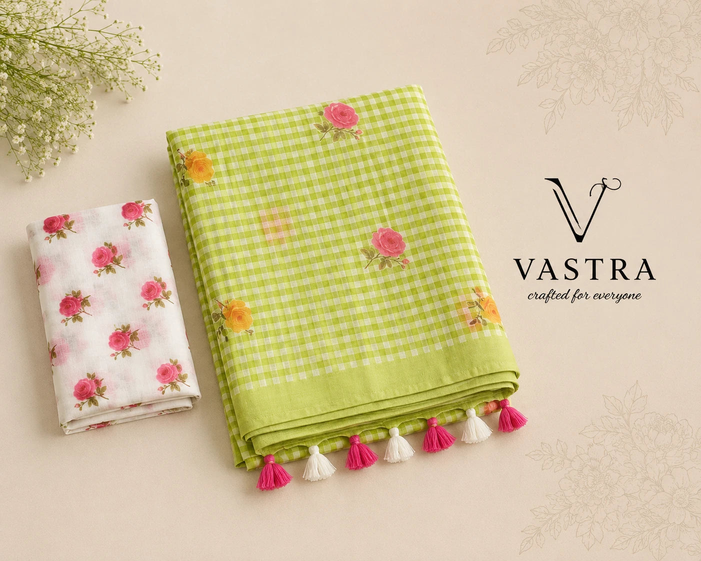 Linen Cotton Pink Floral Checks Saree