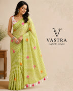 Linen Cotton Blue Floral Checks Saree