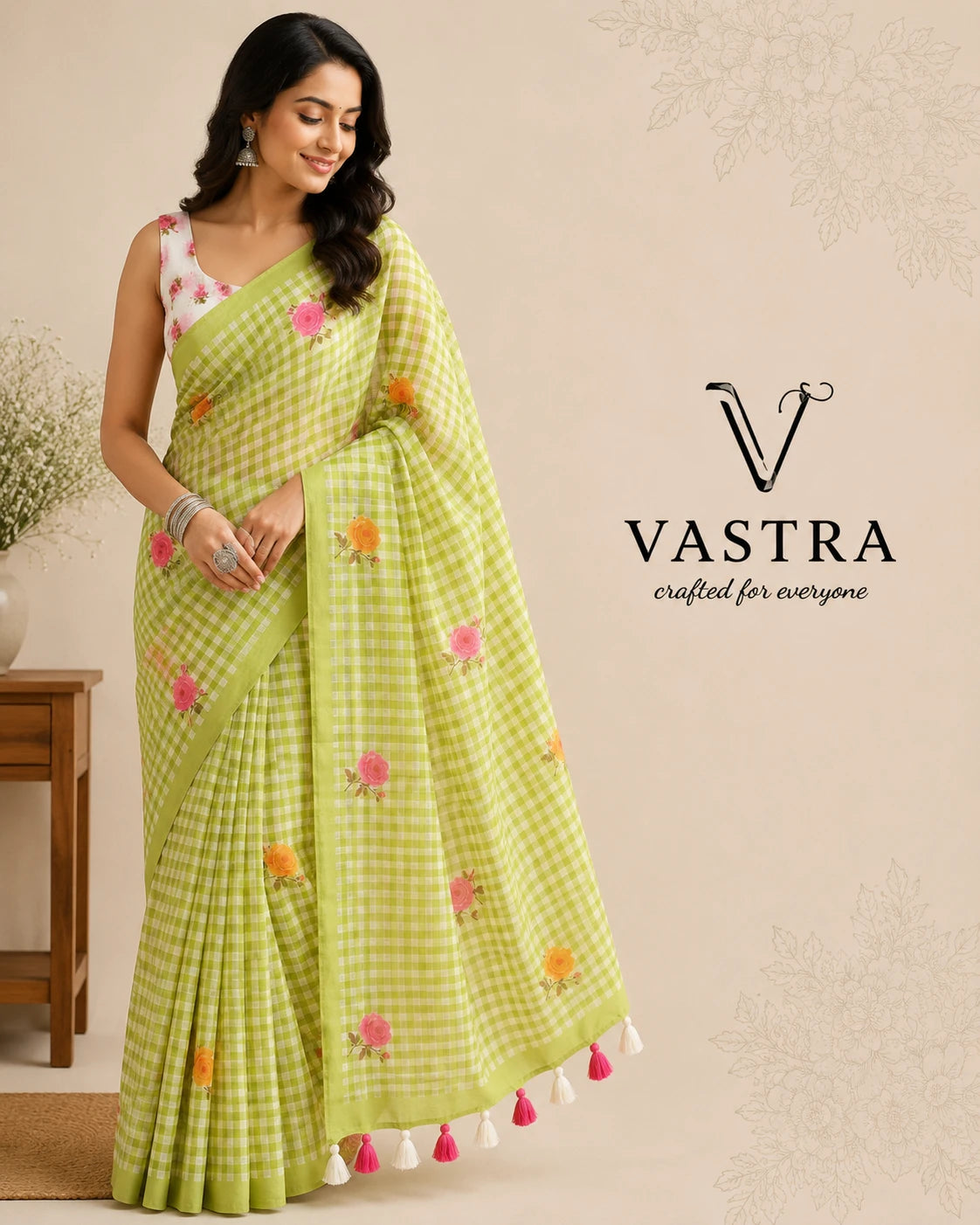Linen Cotton Green Floral Checks Saree