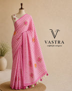 Linen Cotton Blue Floral Checks Saree