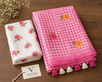 Linen Cotton Blue Floral Checks Saree