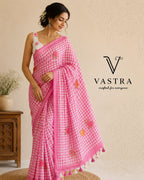 Linen Cotton Blue Floral Checks Saree