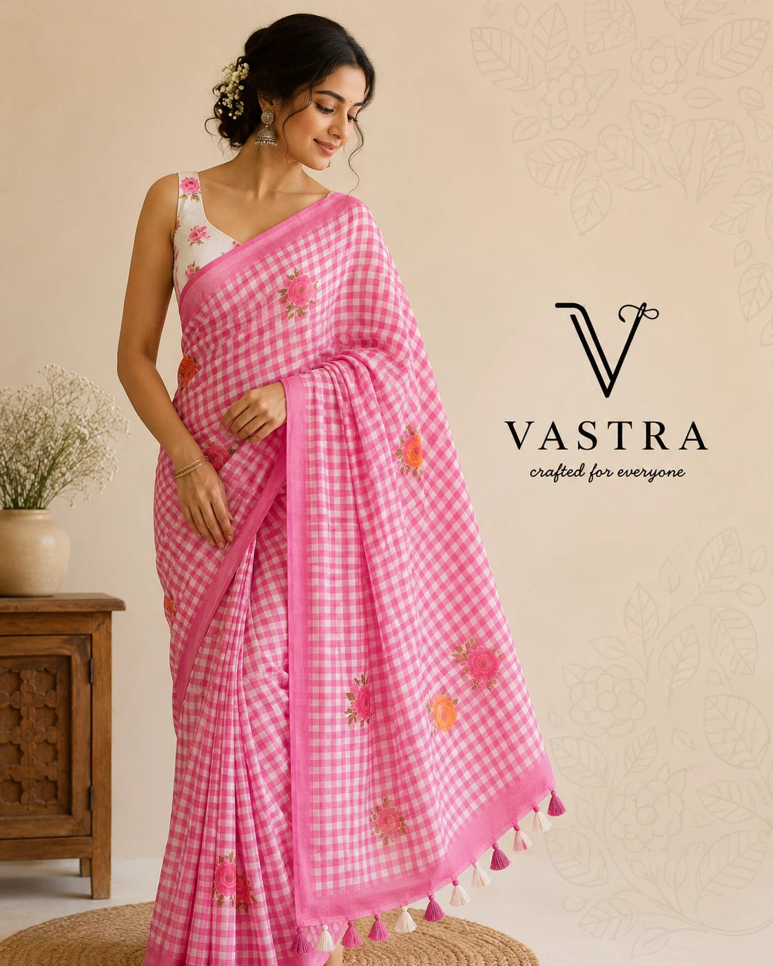 Linen Cotton Pink Floral Checks Saree