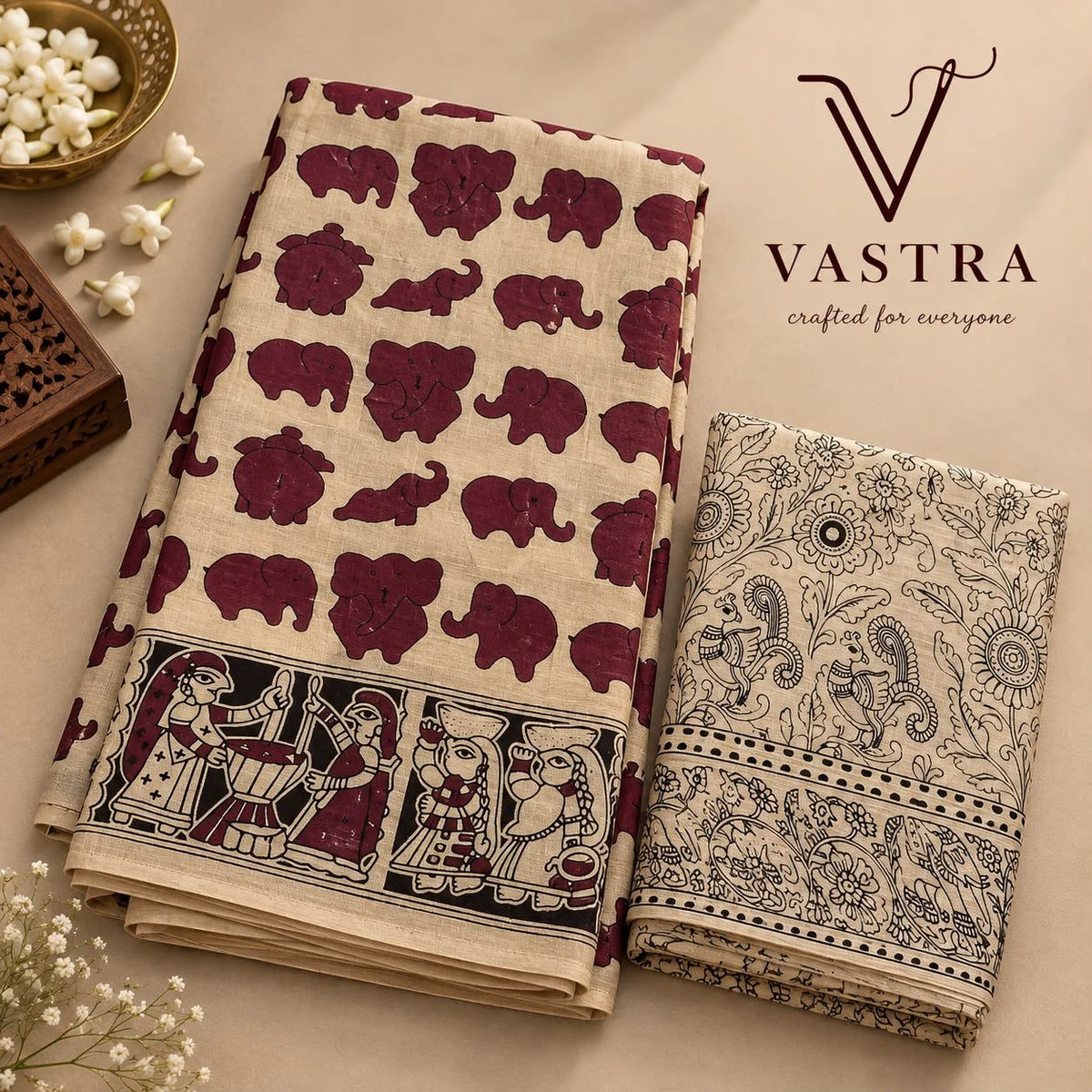Mangalagiri cotton -Kalamkari style artistry and elephant motif