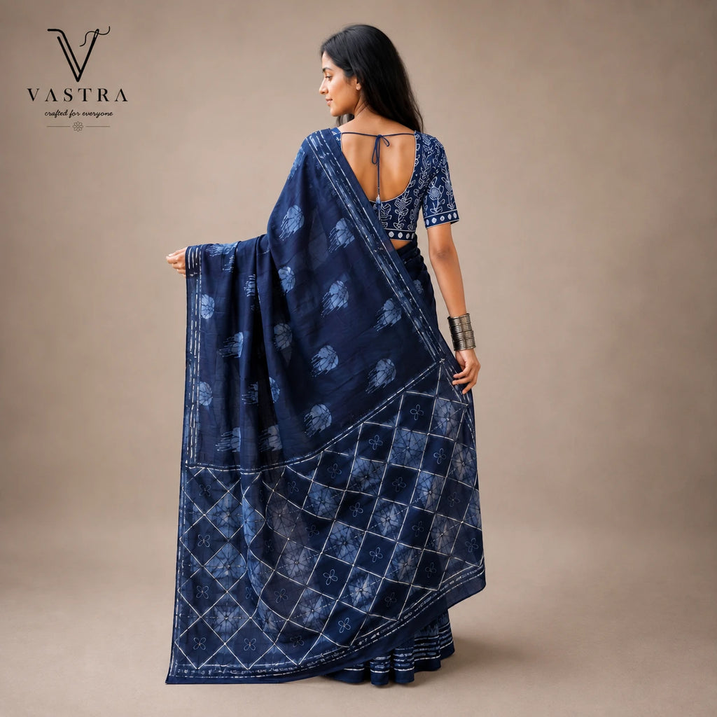 Midnight Indigo Mulmul Cotton Saree