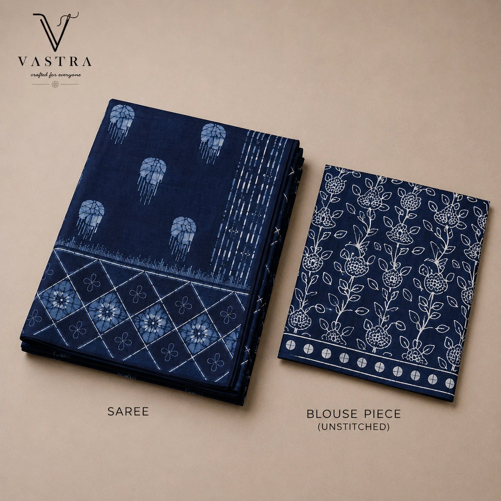 Midnight Indigo Mulmul Cotton Saree