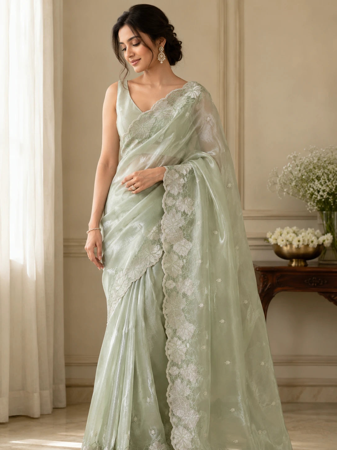 Mint Green Crush Organza Silk Saree with Turkish Work