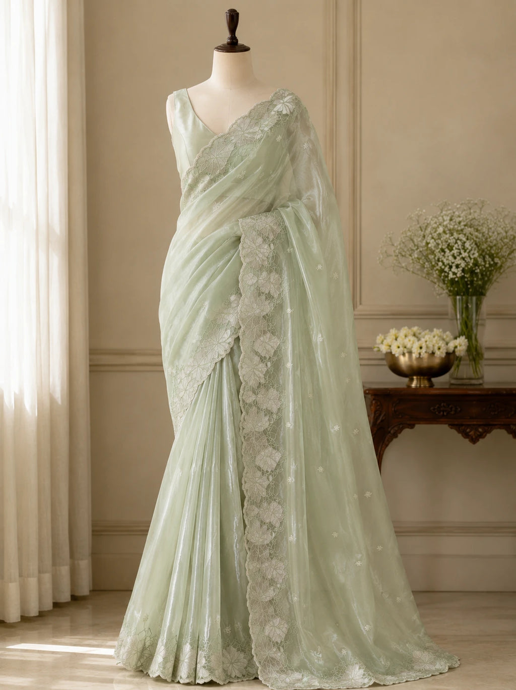 Mint Green Crush Organza Silk Saree with Turkish Work