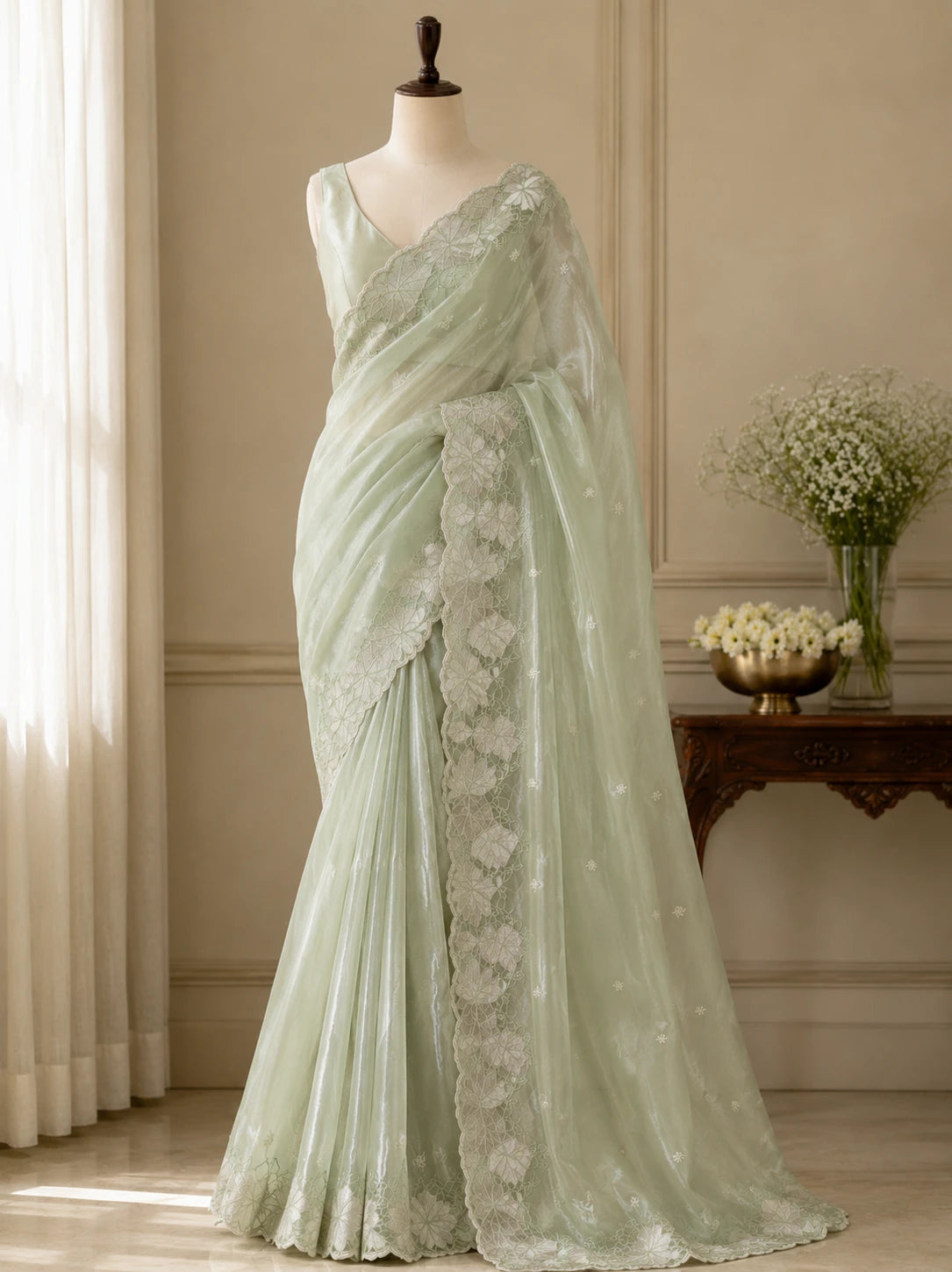 Mint Green Crush Organza Silk Saree with Turkish Work