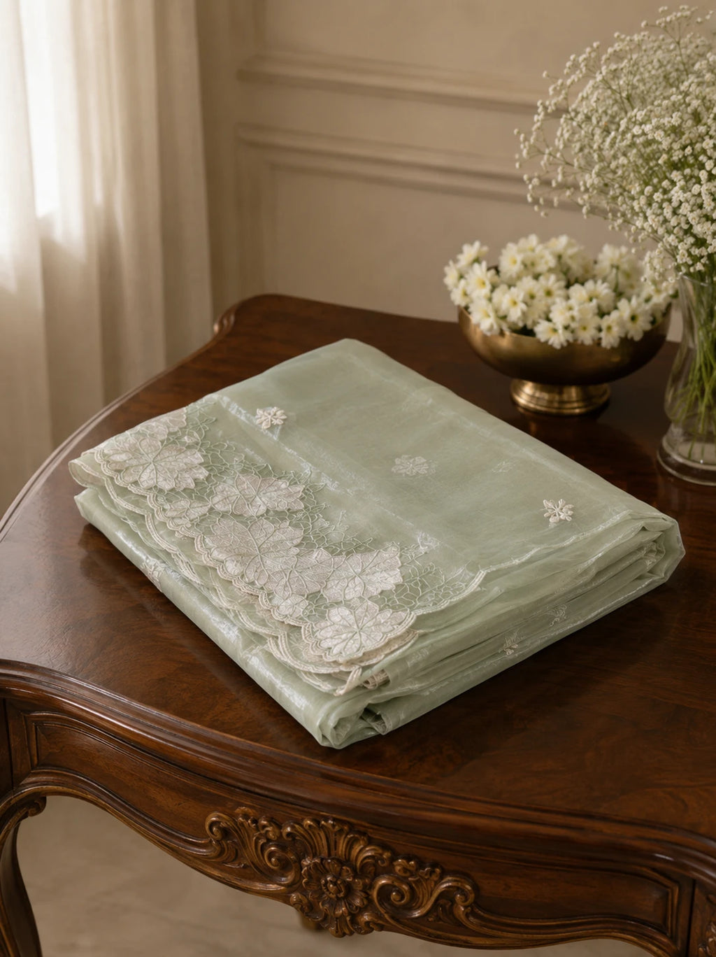 Mint Green Crush Organza Silk Saree with Turkish Work