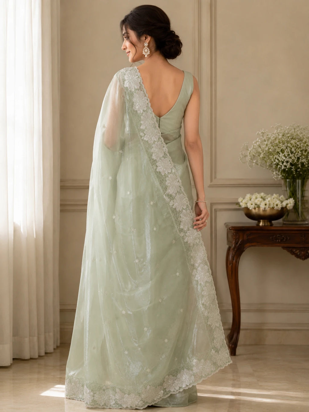 Mint Green Crush Organza Silk Saree with Turkish Work