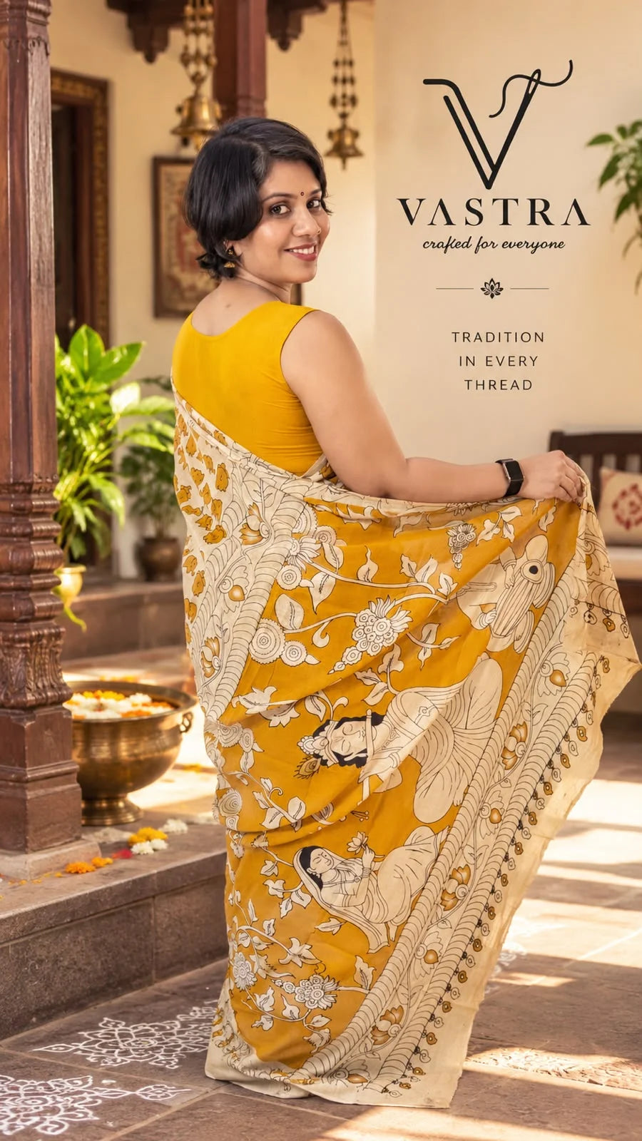 Mustard Mangalagiri Pure Cotton Saree with Kalamkari Print