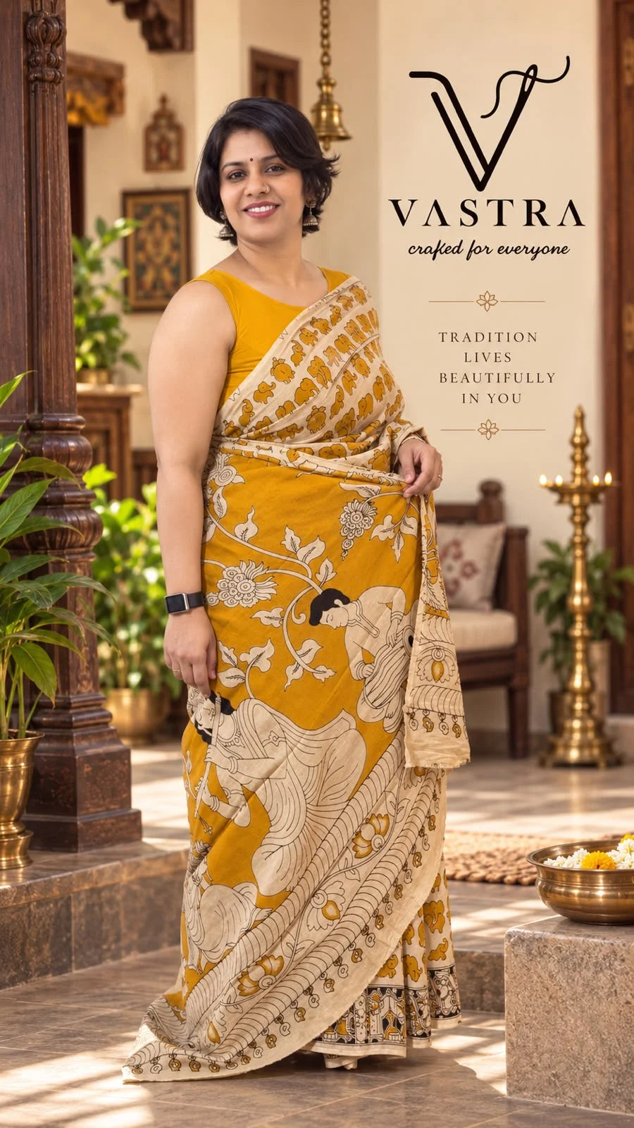 Mustard Mangalagiri Pure Cotton Saree with Kalamkari Print