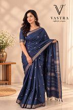 Navy Blue Kota Slub Silk Saree with Blouse