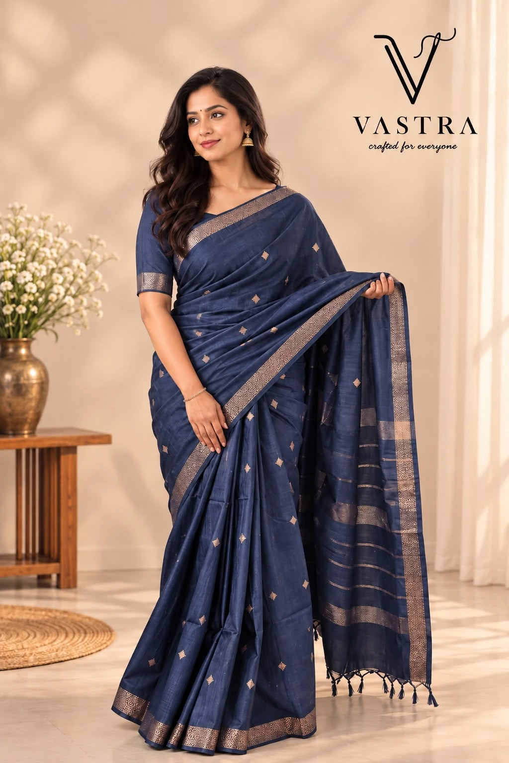 Navy Blue Kota Slub Silk Saree with Blouse