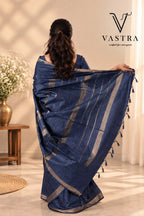 Navy Blue Kota Slub Silk Saree with Blouse