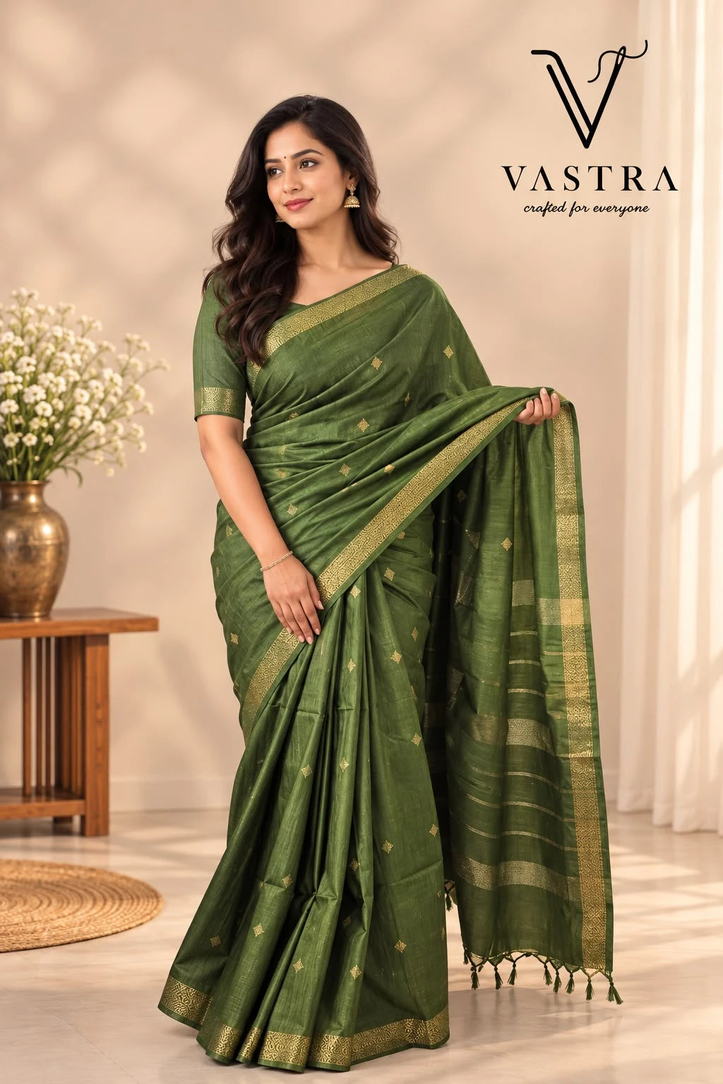 Olive Green Kota Slub Saree with Blouse