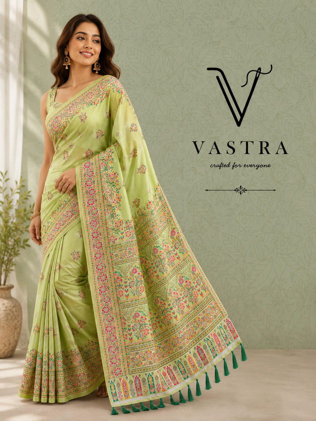 Pashmina Kashmiri Meenakari Green Saree