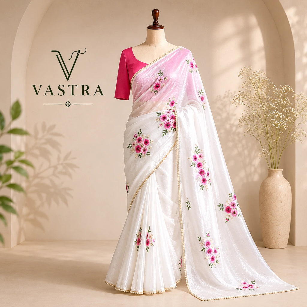 Pure Crushed Silk Saree with Floral Hand Embroidery