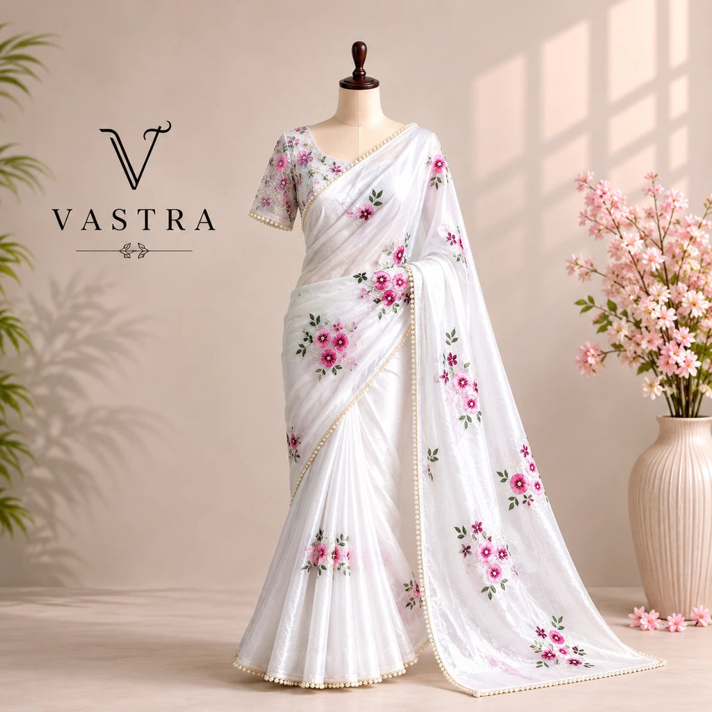 Pure Crushed Silk Saree with Floral Hand Embroidery