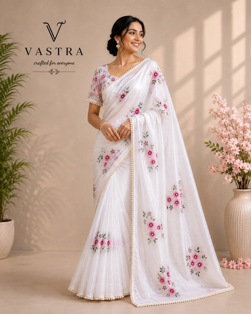 Pure Crushed Silk Saree with Floral Hand Embroidery