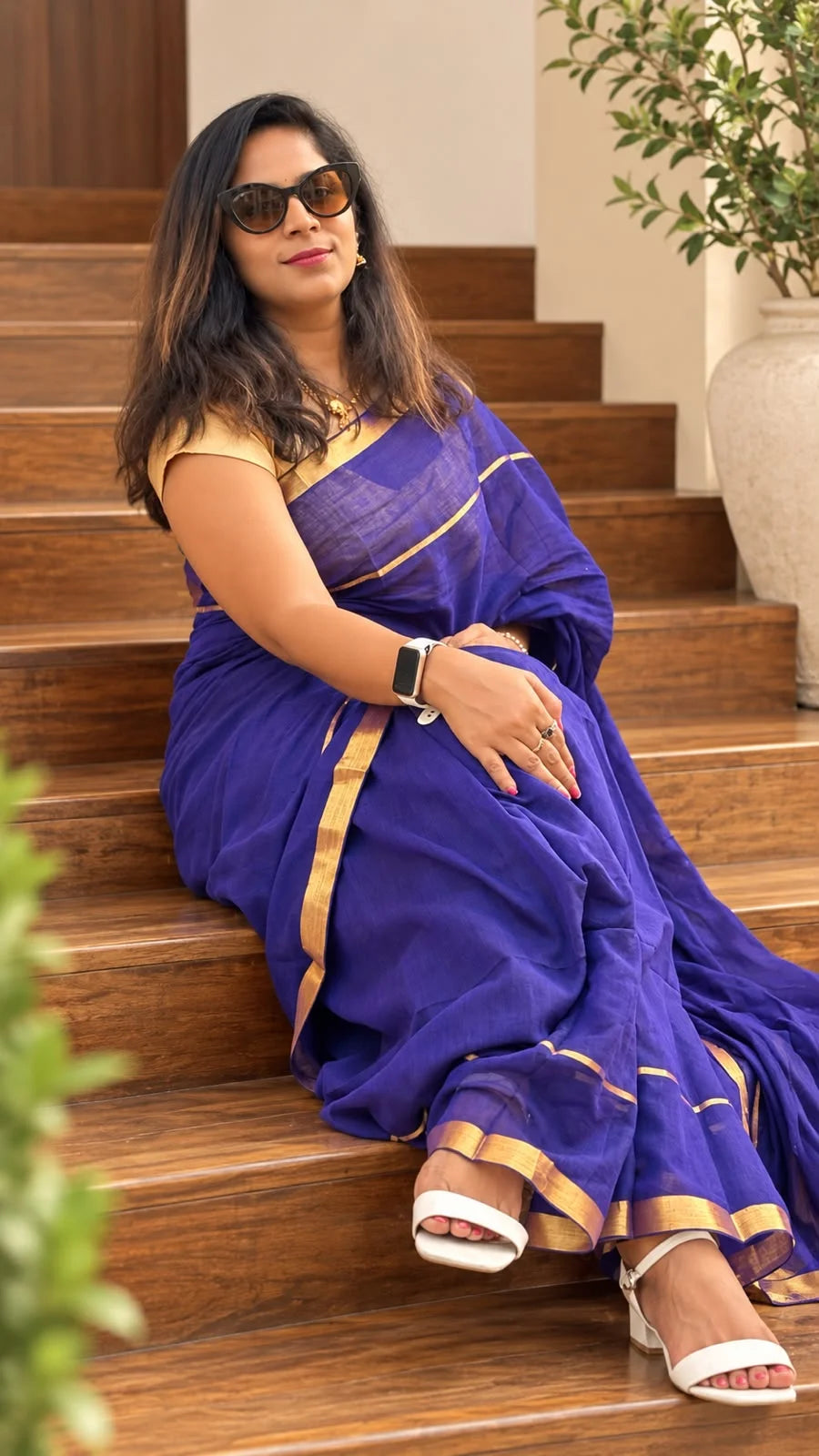 Royal Purple Mul Cotton Saree with Zari Border