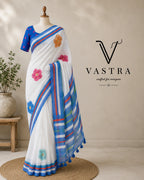 Soft Linen Digital Print Blue Saree with Mirror Work