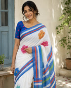 Soft Linen Digital Print Blue Saree with Mirror Work
