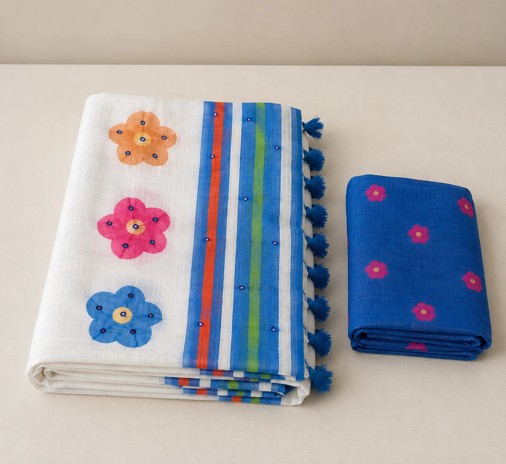 Soft Linen Digital Print Blue Saree with Mirror Work
