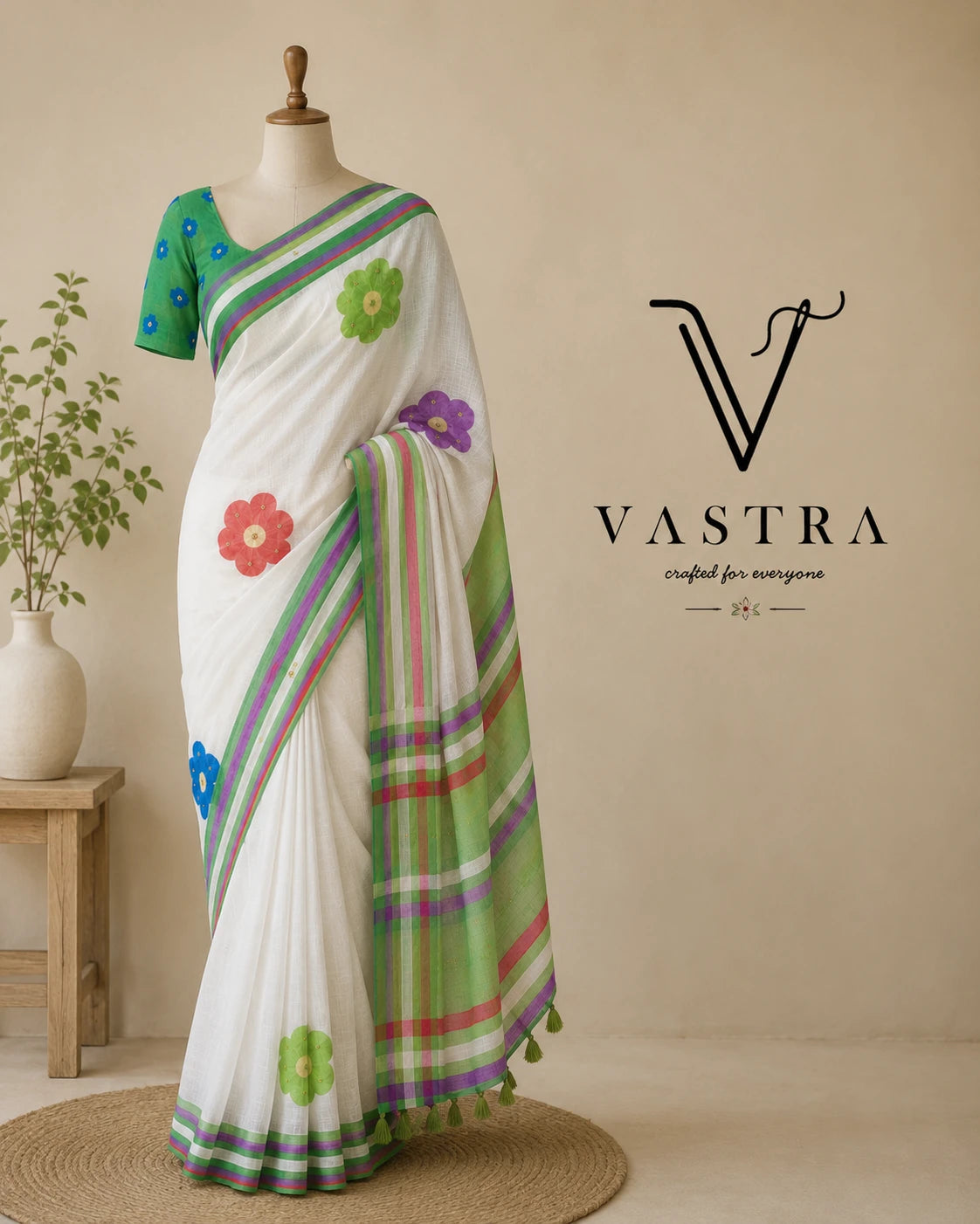 Soft Linen Digital Print Green Saree with Mirror Work