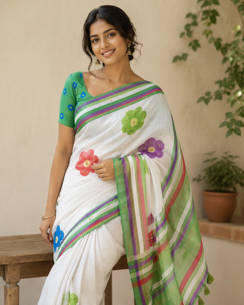 Soft Linen Digital Print Blue Saree with Mirror Work