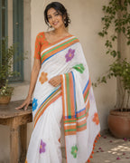 Soft Linen Digital Print Blue Saree with Mirror Work