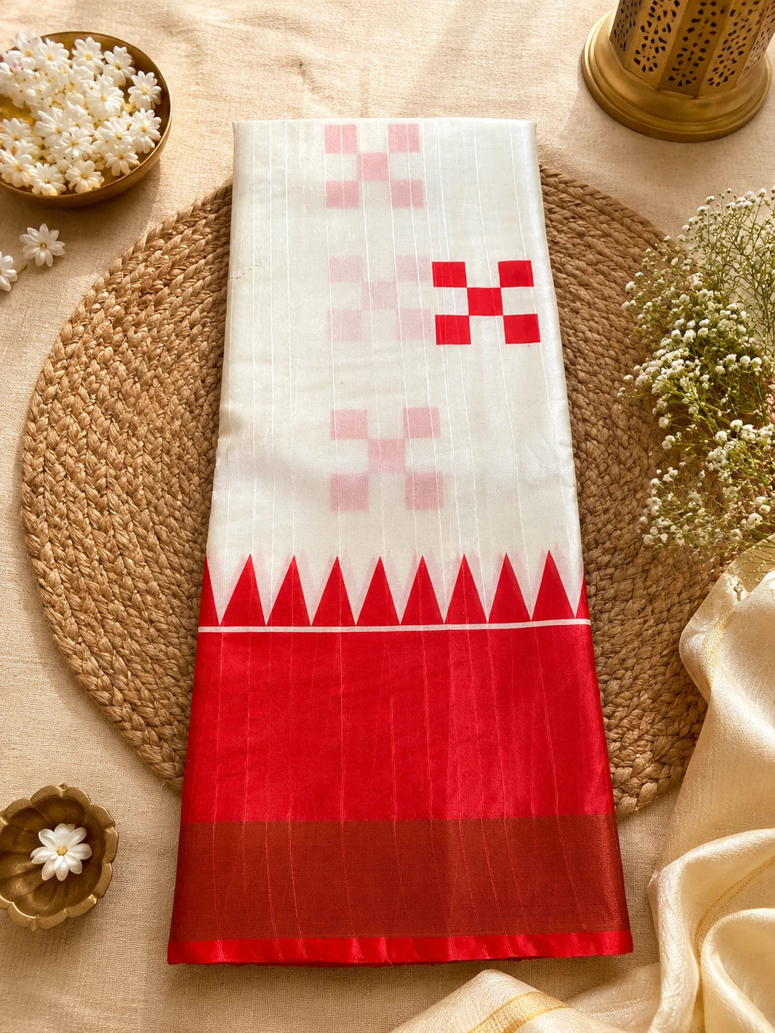 White & Scarlet Red Tussar Silk Saree