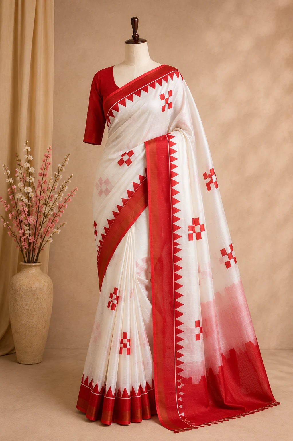 White & Scarlet Red Tussar Silk Saree