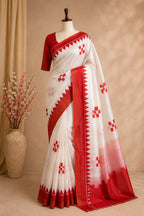 White & Scarlet Red Tussar Silk Saree