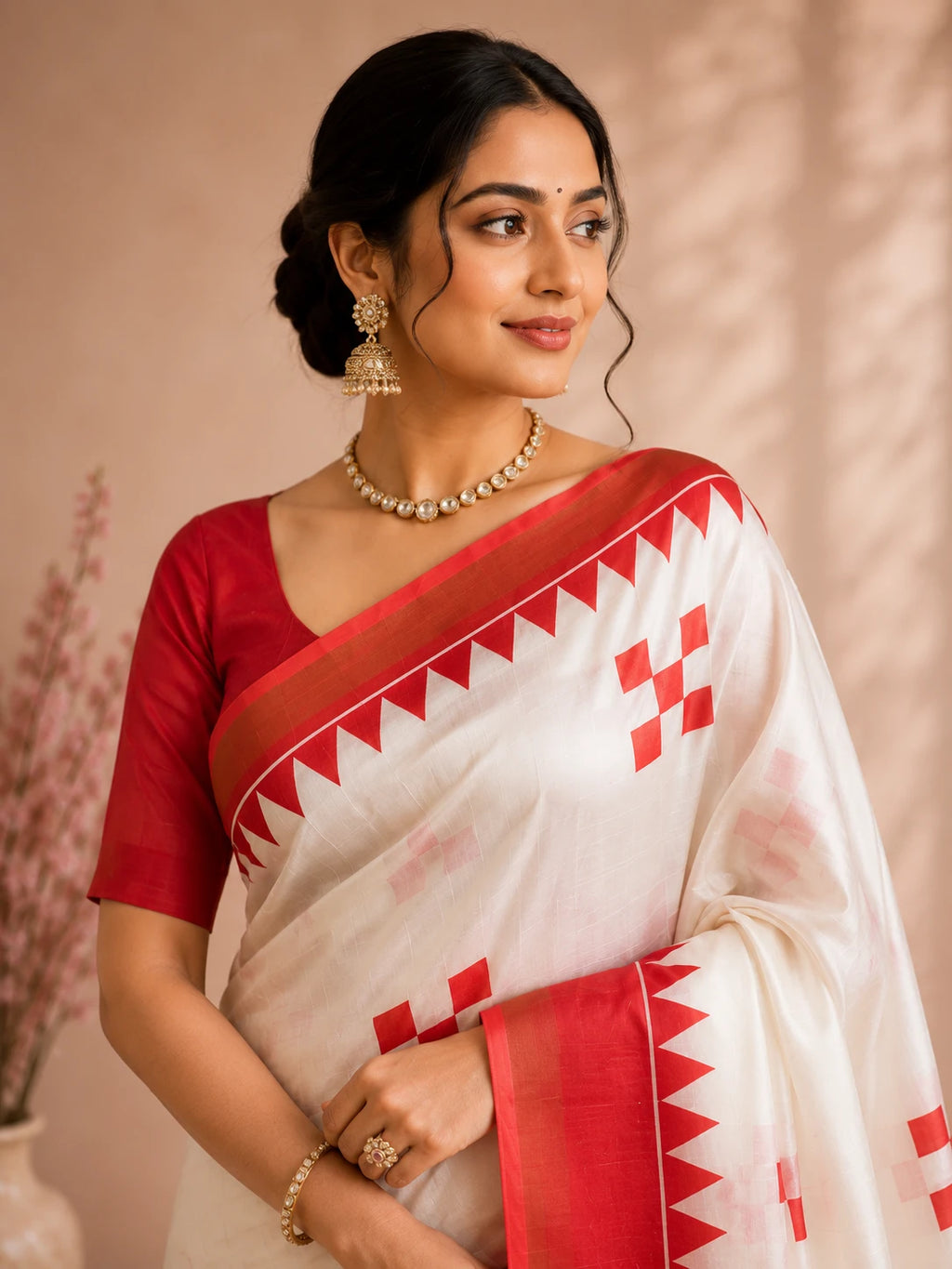 White & Scarlet Red Tussar Silk Saree