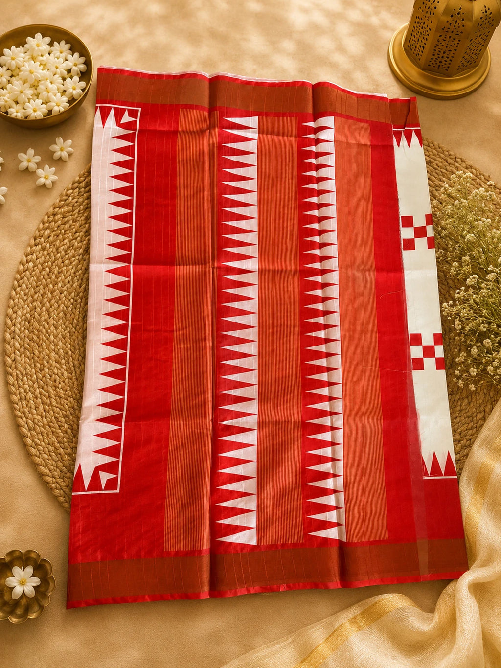 White & Scarlet Red Tussar Silk Saree